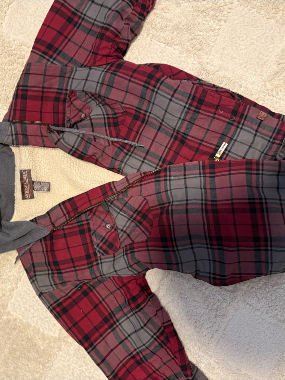 Mossy Oak Red and Gray Plaid Sherpa-Lined Button-Down Shirt Jacket